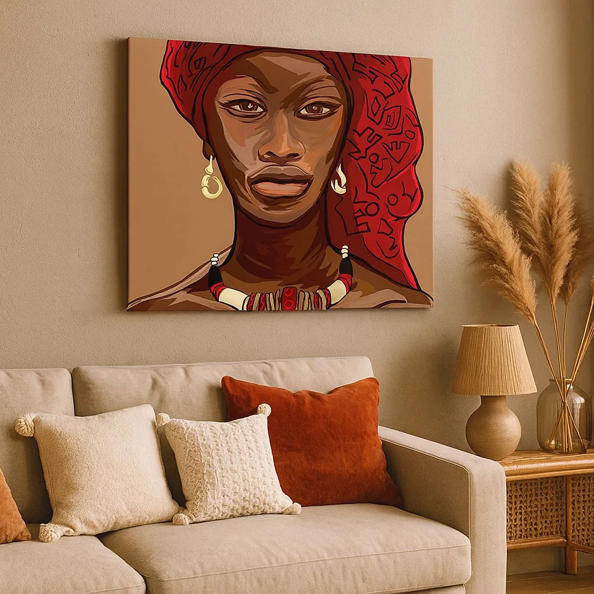 Tablou pe pânză Canvas - Portretul unei femei cu turban roșu pe fundal bej - 70x50cm - Venus din abanos - Decorațiune modernă pentru perete pentru living și dormitor ARTTOR