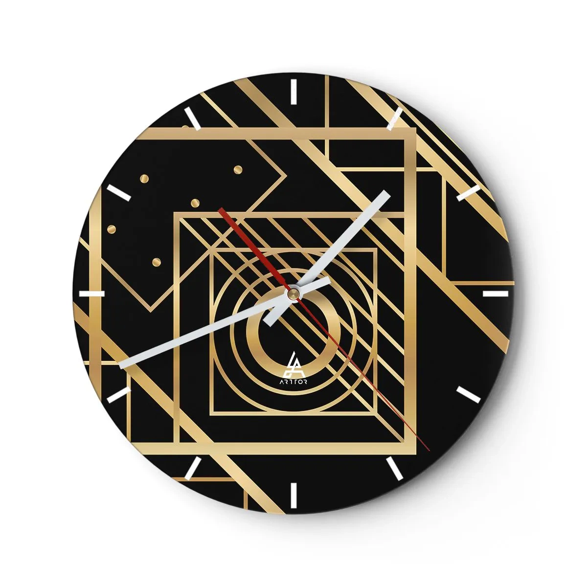 Ceas de perete - Ceas pe sticlă - Model geometric auriu pe fundal negru - 30x30cm - Geometrie de aur - Decorațiune modernă pentru perete pentru living, bucătărie și dormitor ARTTOR