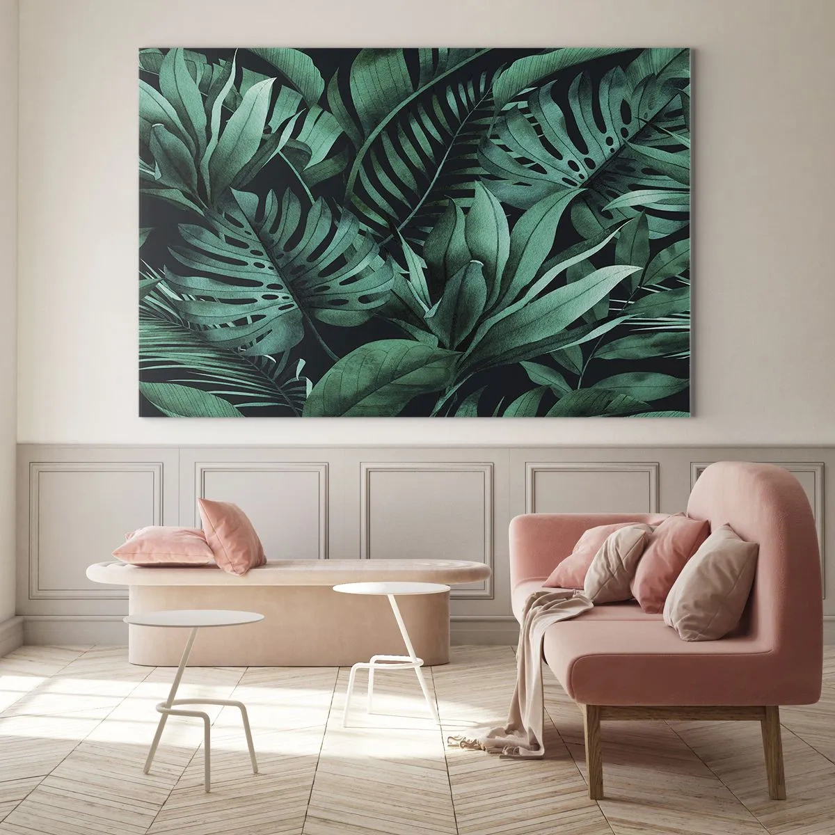 Tablou pe sticlă - Frunze verzi luxuriante într-o compoziție tropicală - 70x50cm - Profunzimea verdelui tropical - Decorațiune modernă pentru perete pentru living și dormitor ARTTOR