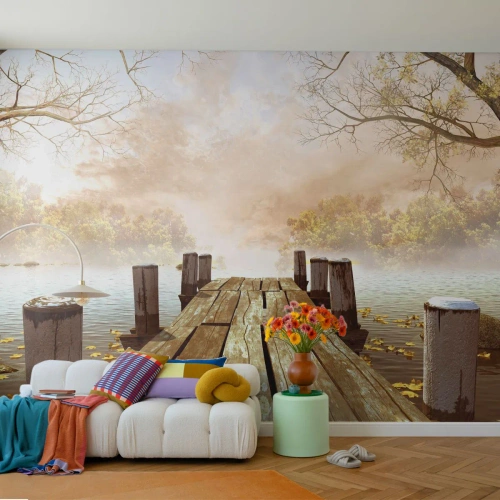 Tapet Premium Sand - Tristețea blândă a toamnei - Peisaj, Lac, Pod de lemn - 200x140 cm