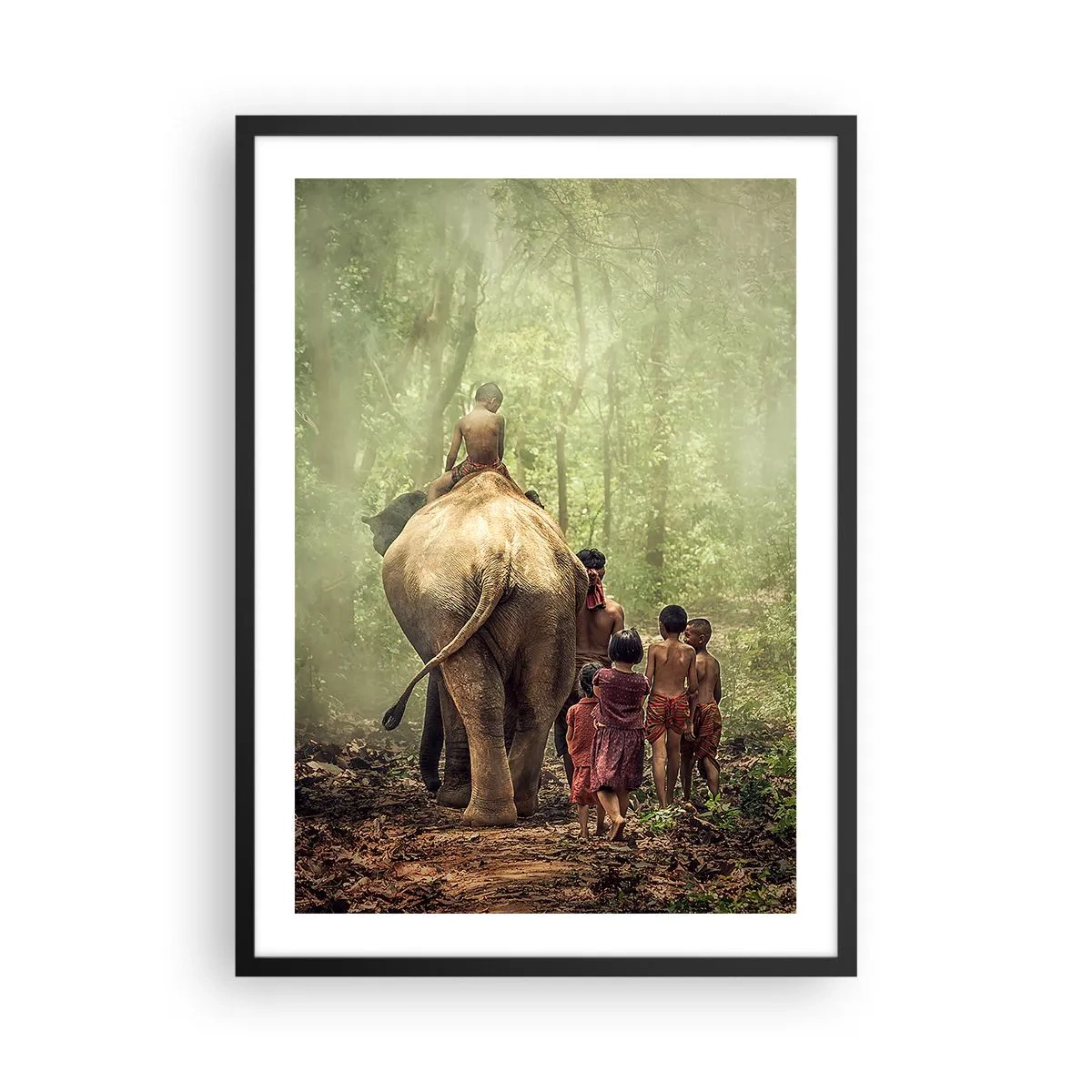 Poster în ramă neagră - Copii și un elefant în pădurea tropicală - 50x70cm - Noua Carte a Junglei - Decorațiune modernă pentru perete pentru living și dormitor ARTTOR