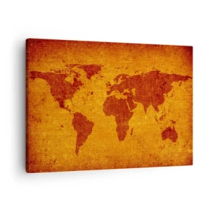 Tablou pe pânză Canvas - Hartă a lumii vintage pe fundal maro și auriu. - 70x50cm - Invitație la o călătorie - Decorațiune modernă pentru perete pentru living și dormitor ARTTOR