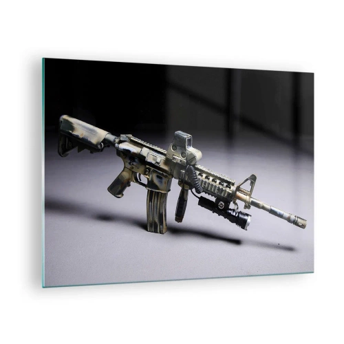 Tablou pe sticlă - O pușcă modernă pe un fundal întunecat cu accent industrial - 70x50cm - Întotdeauna amenințătoare - Decorațiune modernă pentru perete pentru living și dormitor ARTTOR