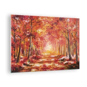 Tablou pe sticlă - Peisaj de toamnă cu copaci în culori calde - 70x50cm - Pădurea de cupru - Decorațiune modernă pentru perete pentru living și dormitor ARTTOR