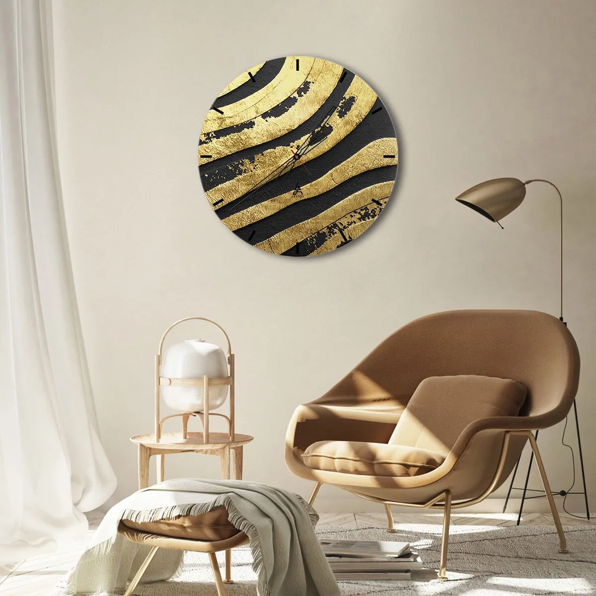Ceas de perete - Ceas pe sticlă - Model abstract în auriu și negru - 30x30cm - Totul curge - Decorațiune modernă pentru perete pentru living, bucătărie și dormitor ARTTOR