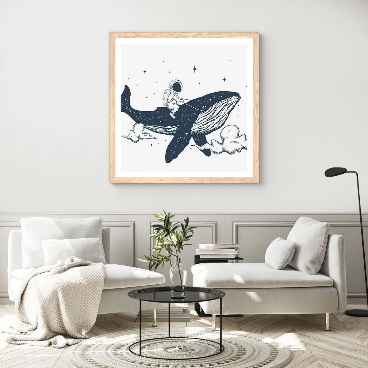 Poster în ramă de stejar deschis - Aventura spațială - 50x50 cm