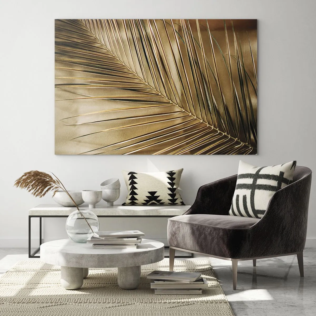 Tablou pe sticlă - Prim-plan al unei frunze de palmier în tonuri de maro auriu - 70x50cm - Colonadă naturală - Decorațiune modernă pentru perete pentru living și dormitor ARTTOR