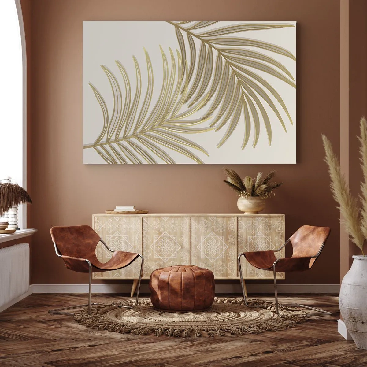 Tablou pe pânză Canvas - Frunze de palmier aurii pe un fundal deschis, într-un stil minimalist - 70x50cm - Palmier de aur! - Decorațiune modernă pentru perete pentru living și dormitor ARTTOR