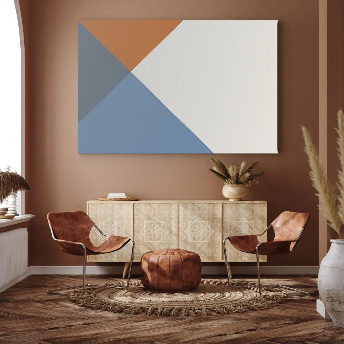 Tablou pe pânză Canvas - Triunghiuri geometrice în nuanțe de albastru și portocaliu - 70x50cm - La un unghi drept - Decorațiune modernă pentru perete pentru living și dormitor ARTTOR