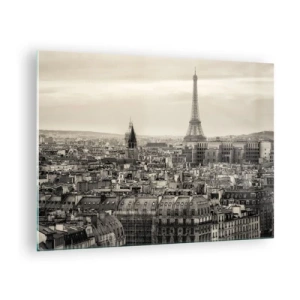 Tablou pe sticlă - O panoramă a Parisului cu vedere la Turnul Eiffel în tonuri sepia - 70x50cm - Deasupra acoperișurilor Parisului - Decorațiune modernă pentru perete pentru living și dormitor ARTTOR