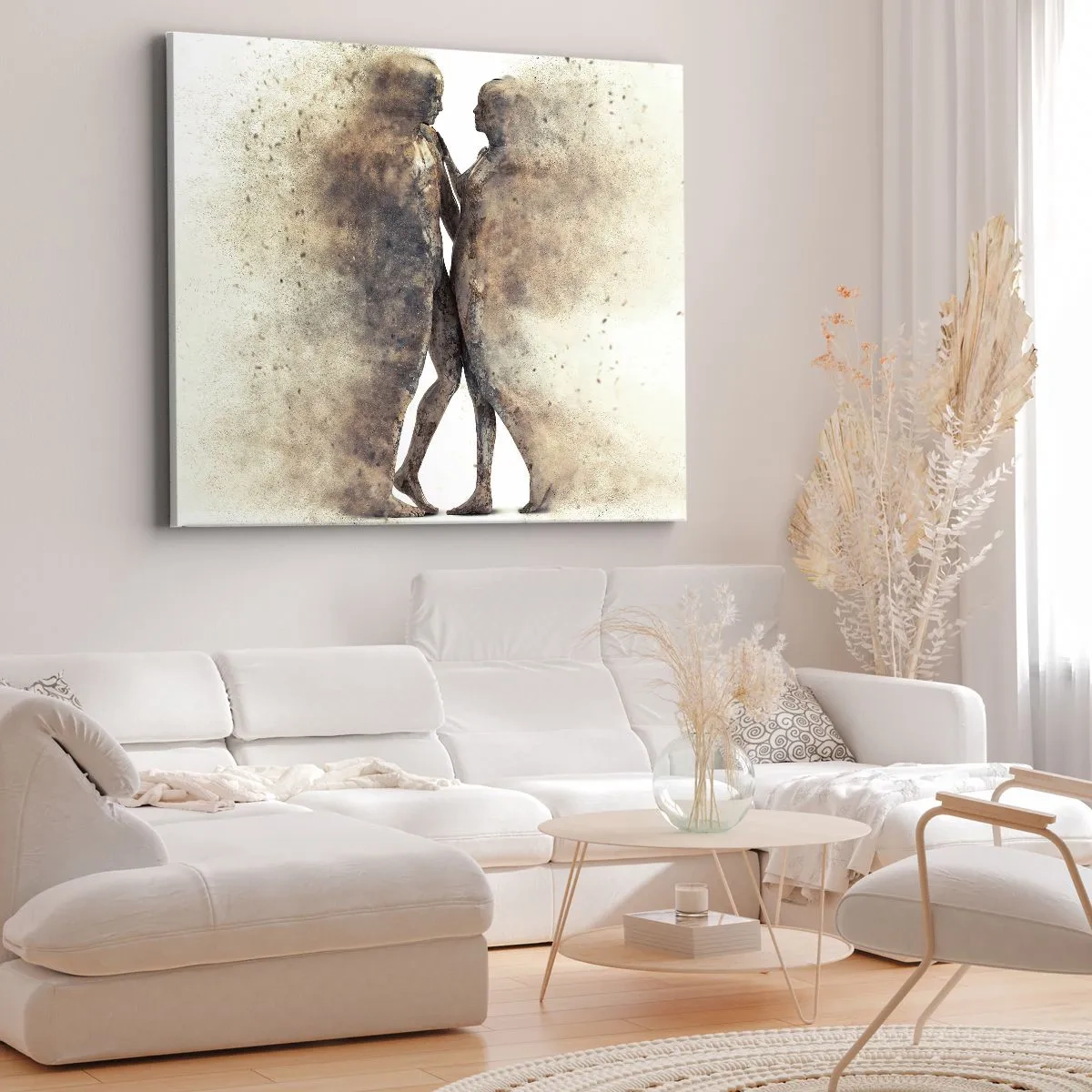 Tablou pe pânză Canvas - Un duo abstract de siluete în nuanțe nisipoase - 70x50cm - Din praf s-au ridicat la iubire - Decorațiune modernă pentru perete pentru living și dormitor ARTTOR