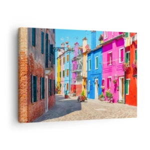 Tablou pe pânză Canvas - Clădiri colorate pe o stradă îngustă a orașului - 70x50cm - Orașul "Sub papagali" - Decorațiune modernă pentru perete pentru living și dormitor ARTTOR