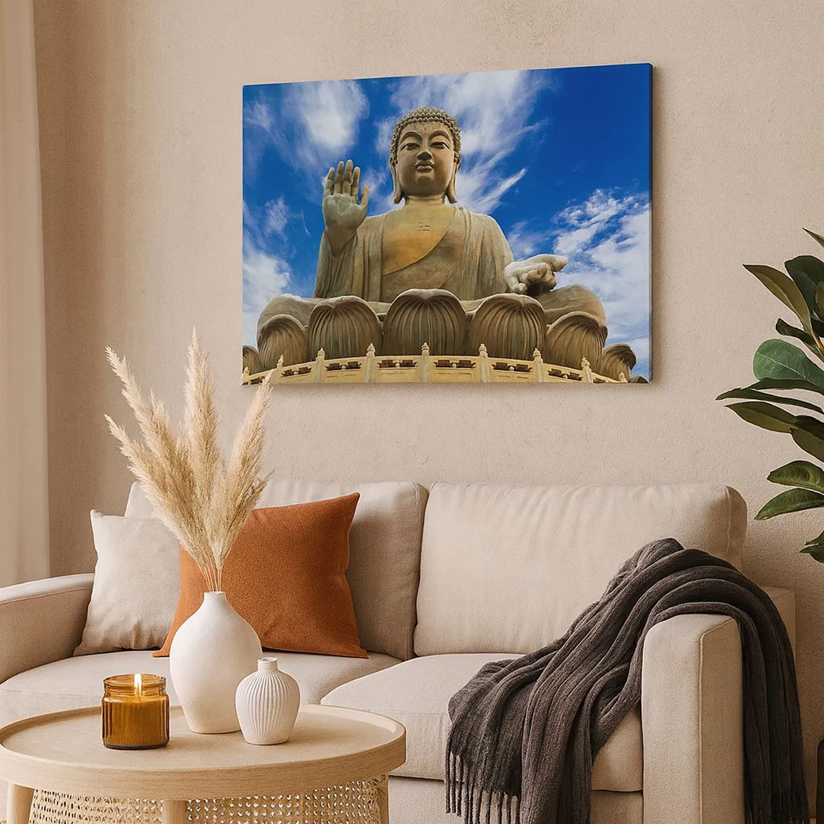Tablou pe pânză Canvas - O statuie monumentală a lui Buddha pe un cer albastru cu nori - 70x50cm - Trăiește fără teamă - Decorațiune modernă pentru perete pentru living și dormitor ARTTOR