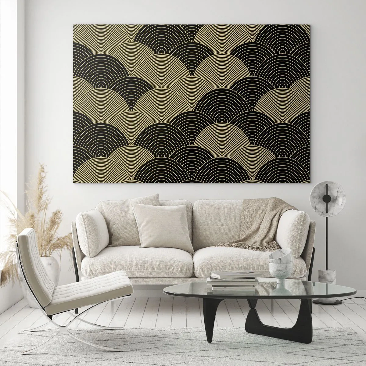 Tablou pe sticlă - Semicercuri aurii într-un model japonez obișnuit - 70x50cm - Unitate în multiplicitate - Decorațiune modernă pentru perete pentru living și dormitor ARTTOR