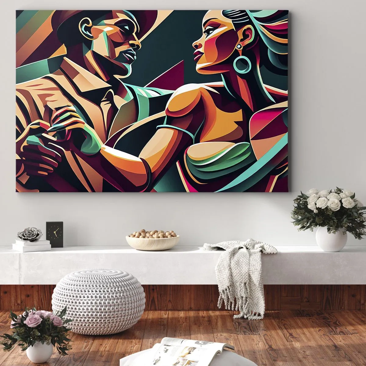 Tablou pe pânză Canvas - Un cuplu stilizat dansând în culori vibrante, geometrice. - 70x50cm - În ritmul inimii - Decorațiune modernă pentru perete pentru living și dormitor ARTTOR