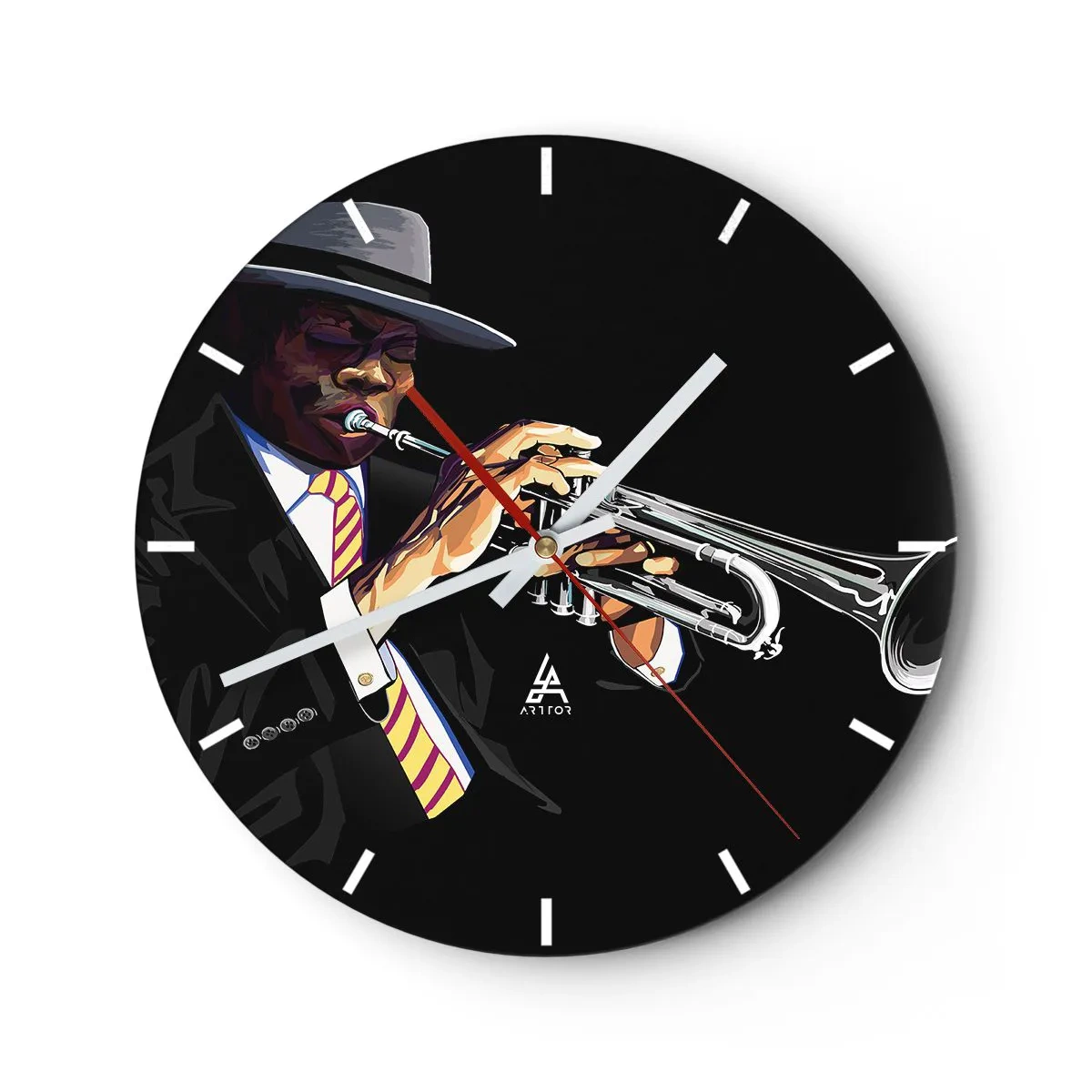 Ceas de perete - Ceas pe sticlă - Un cadran de ceas cu motivul unui trompetist de jazz pe fundal negru - 30x30cm - Farmecul unei școli vechi - Decorațiune modernă pentru perete pentru living, bucătărie și dormitor ARTTOR