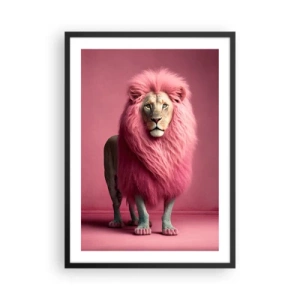 Poster în ramă neagră - Un leu cu coamă roz pe un fundal roz - 50x70cm - Și nu-ți mai este frică - Decorațiune modernă pentru perete pentru living și dormitor ARTTOR