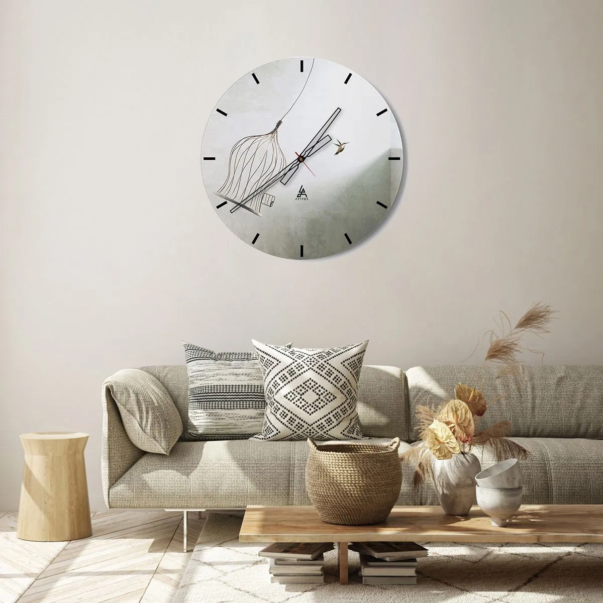 Ceas de perete - Ceas pe sticlă - O pasăre care își părăsește colivia pe un fundal luminos - 30x30cm - Eliberat - Decorațiune modernă pentru perete pentru living, bucătărie și dormitor ARTTOR