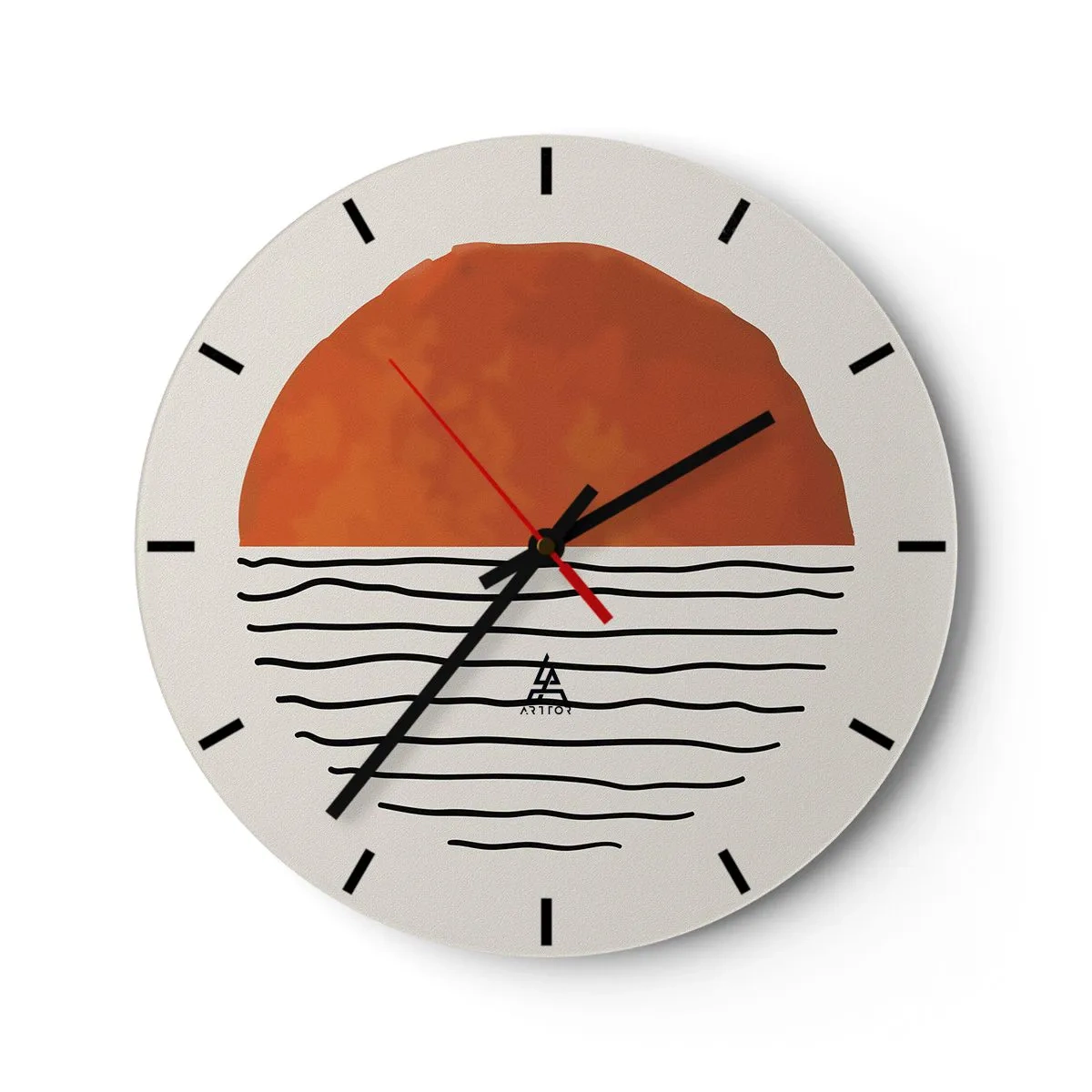 Ceas de perete - Ceas pe sticlă - Apus de soare minimalist peste apă - 30x30cm - În stil japonez - Decorațiune modernă pentru perete pentru living, bucătărie și dormitor ARTTOR