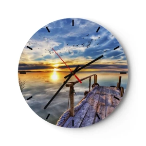 Ceas de perete - Ceas pe sticlă - ponton de lemn peste lac la apus - 30x30cm - Vântul se odihnește - Decorațiune modernă pentru perete pentru living, bucătărie și dormitor ARTTOR