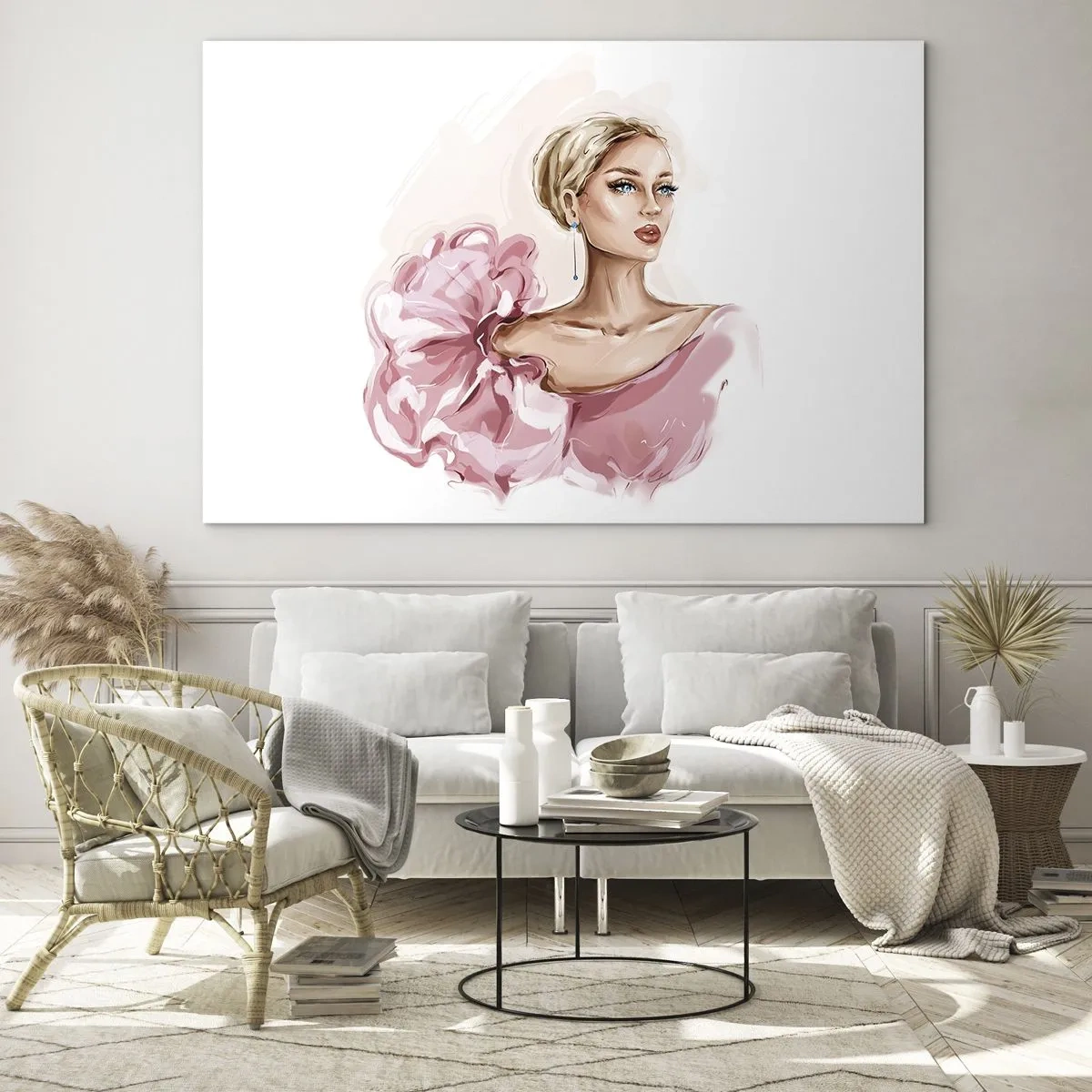 Tablou pe sticlă - Portret stilizat al unei femei într-o rochie roz - 70x50cm - Așa cum a fost pictată... - Decorațiune modernă pentru perete pentru living și dormitor ARTTOR