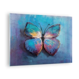 Tablou pe sticlă - Un fluture colorat pe un fundal de culori abstracte în nuanțe de albastru și violet. - 70x50cm - În plină glorie - Decorațiune modernă pentru perete pentru living și dormitor ARTTOR