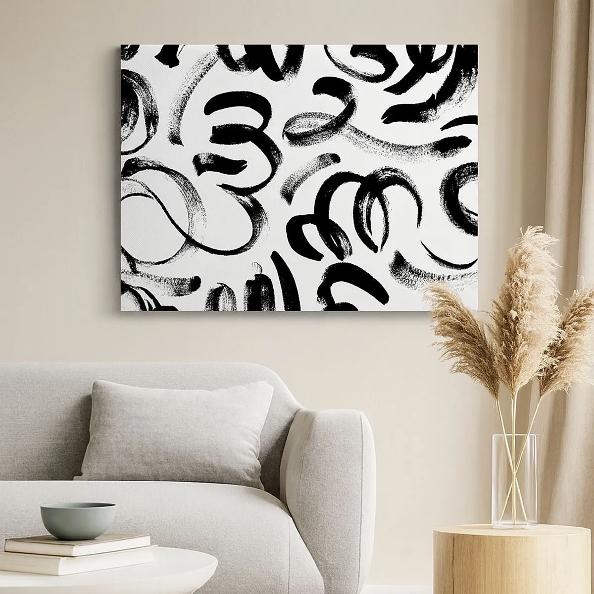 Tablou pe pânză Canvas - Tușe de pensulă abstracte negre pe fundal alb - 70x50cm - Negru pe alb - Decorațiune modernă pentru perete pentru living și dormitor ARTTOR