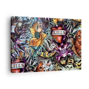 Tablou pe pânză Canvas - Artă colorată în stil tatuaj cu cranii și motive nautice - 70x50cm - Visul unui artist tatuator - Decorațiune modernă pentru perete pentru living și dormitor ARTTOR