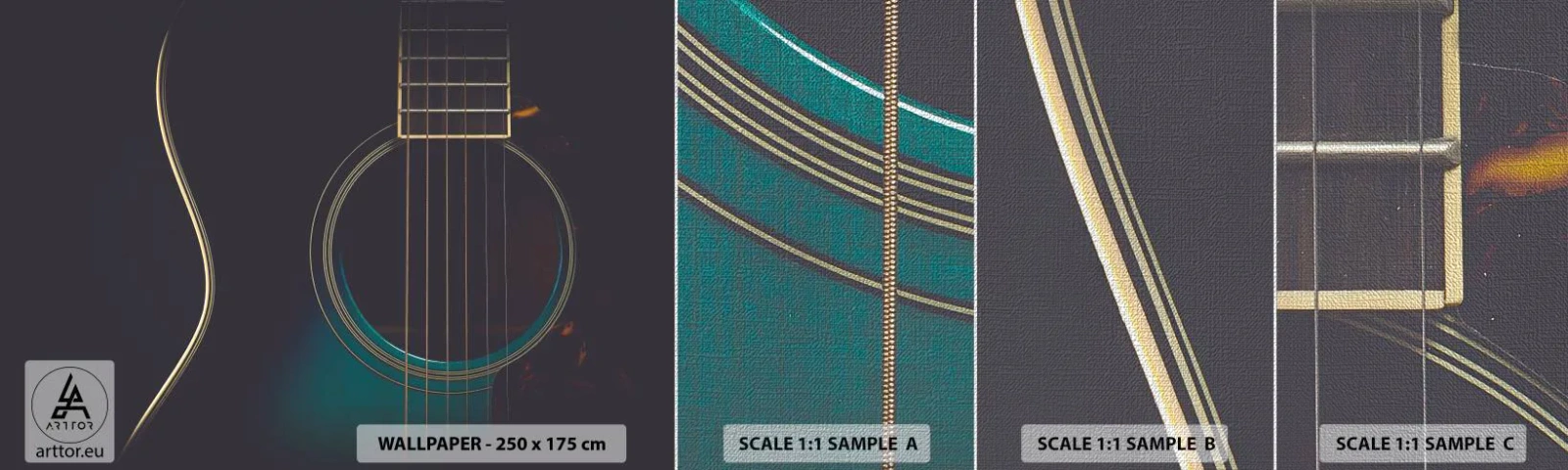 Mostră tapet Premium Canvas - O clipă înainte de a suna - Chitară, Muzică, Siruri de caractere - 100x30 cm