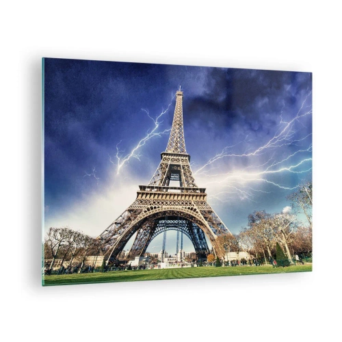 Tablou pe sticlă - Turnul Eiffel înconjurat de fulgere într-o zi noroasă - 70x50cm - Stăpânul furtunilor - Decorațiune modernă pentru perete pentru living și dormitor ARTTOR
