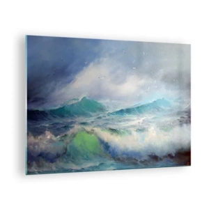 Tablou pe sticlă - Valuri oceanice agitate cu păsări pe un cer înnorat - 70x50cm - Vârtejul a gemut de triumf... - Decorațiune modernă pentru perete pentru living și dormitor ARTTOR