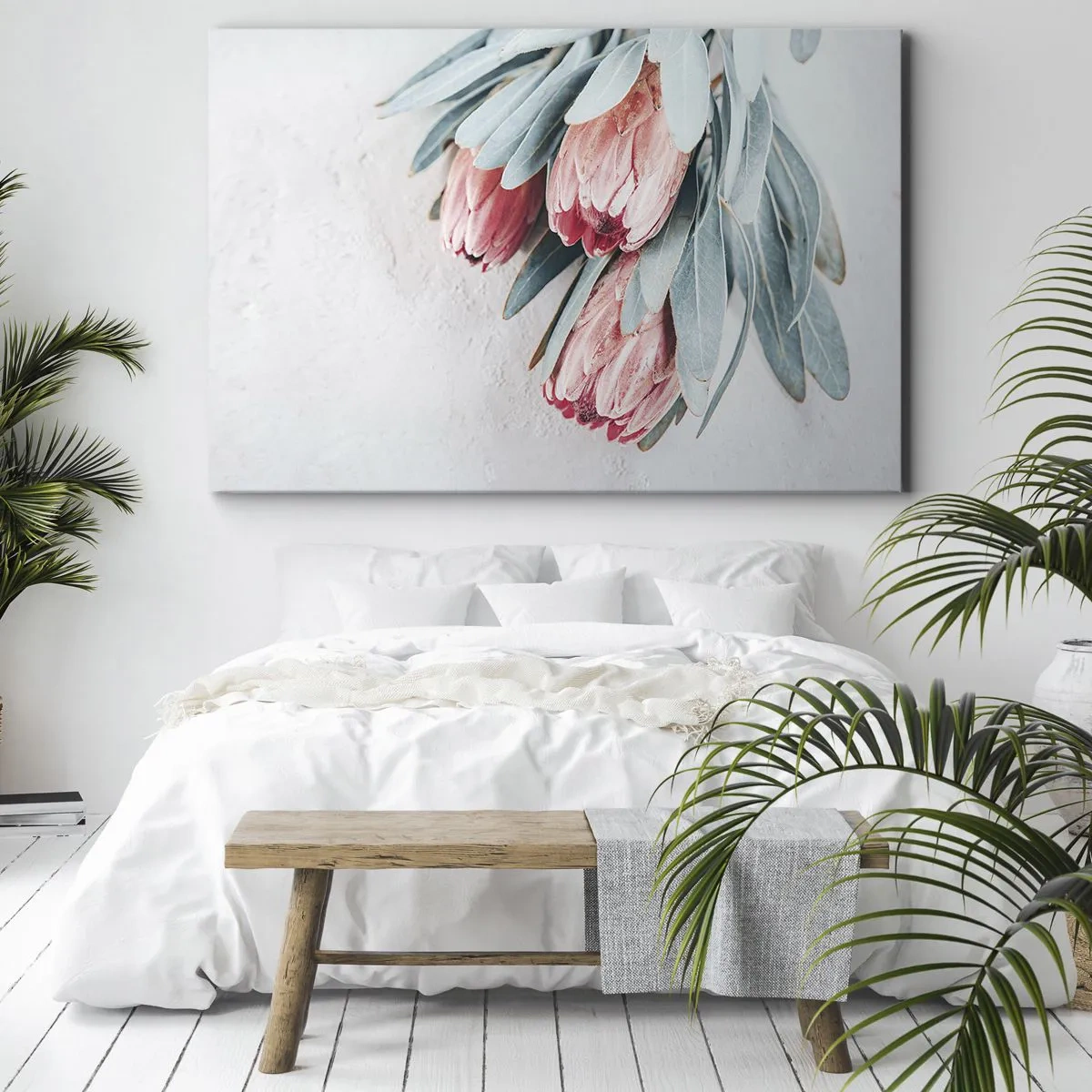 Tablou pe pânză Canvas - Flori subtile de protea roz pe un fundal deschis - 70x50cm - Rușinate de propria lor frumusețe - Decorațiune modernă pentru perete pentru living și dormitor ARTTOR
