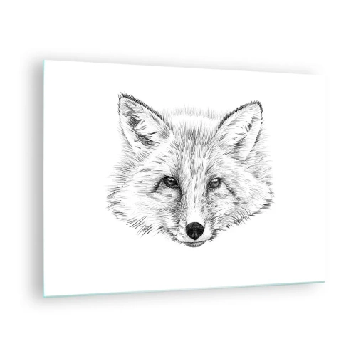 Tablou pe sticlă - Desen al unui cap de vulpe pe fundal alb - 70x50cm - Oare acești ochi pot minți? - Decorațiune modernă pentru perete pentru living și dormitor ARTTOR