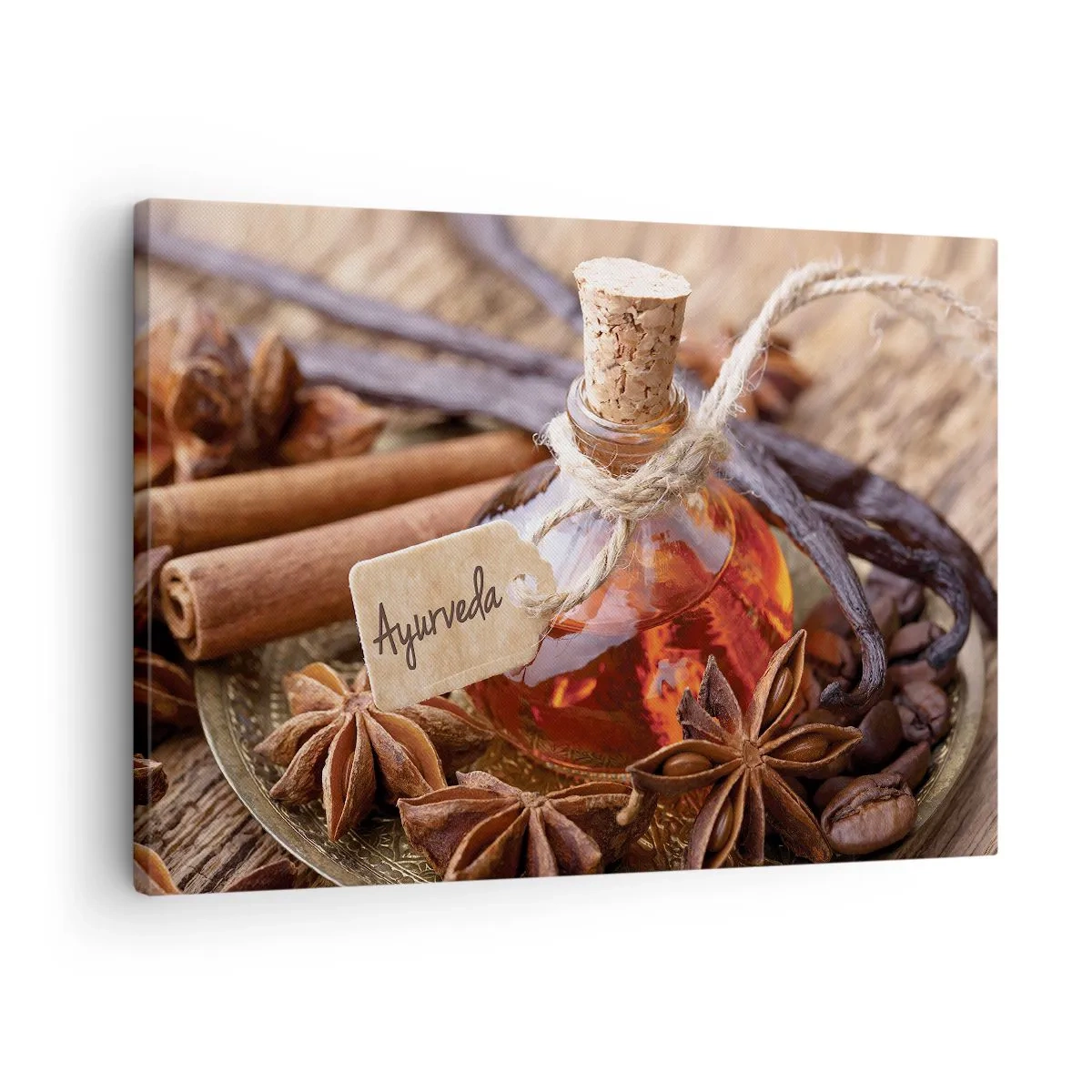 Tablou pe pânză Canvas - O sticlă de ulei de condimente pe o tavă - 70x50cm - Unitatea trupului și a spiritului - Decorațiune modernă pentru perete pentru living și dormitor ARTTOR