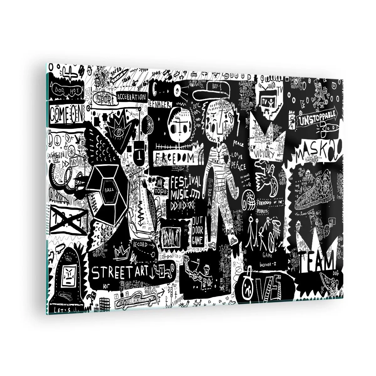 Tablou pe sticlă - Grafică în stil street art alb-negru cu personaje și simboluri - 70x50cm - Tinerețea duhovnicească a legii și a bucuriei - Decorațiune modernă pentru perete pentru living și dormitor ARTTOR