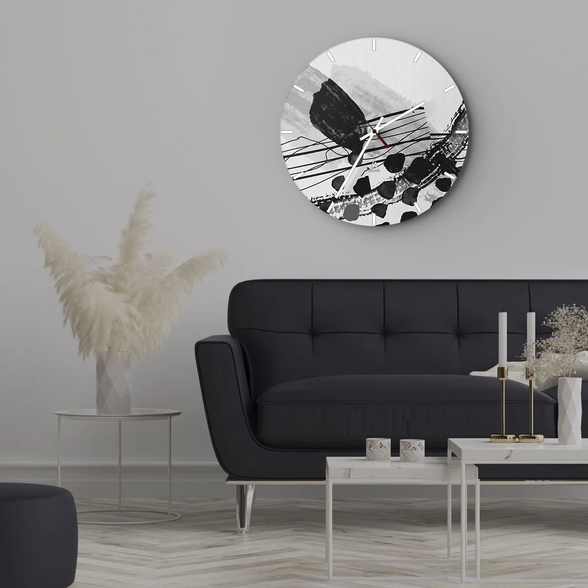Ceas de perete - Ceas pe sticlă - Forme și linii abstracte alb-negru pe un fundal deschis - 30x30cm - Abstracție organică în negru și alb - Decorațiune modernă pentru perete pentru living, bucătărie și dormitor ARTTOR