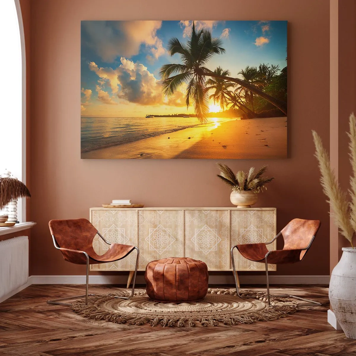 Tablou pe pânză Canvas - Plajă la apus cu palmieri pe malul mării - 70x50cm - Visul din Caraibe - Decorațiune modernă pentru perete pentru living și dormitor ARTTOR