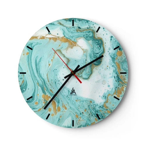 Ceas de perete - Ceas pe sticlă - Model abstract în nuanțe de turcoaz - 30x30cm - Sub marele val al perioadei Edo - Decorațiune modernă pentru perete pentru living, bucătărie și dormitor ARTTOR