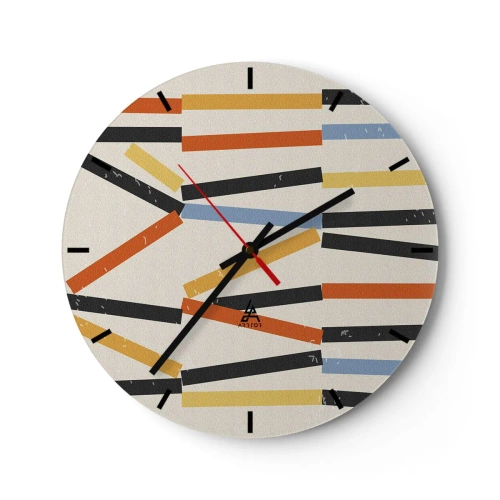 Ceas de perete - Ceas pe sticlă - Dreptunghiuri colorate și negre aranjate orizontal pe un fundal deschis - 30x30cm - Compoziție la nivel - Decorațiune modernă pentru perete pentru living, bucătărie și dormitor ARTTOR