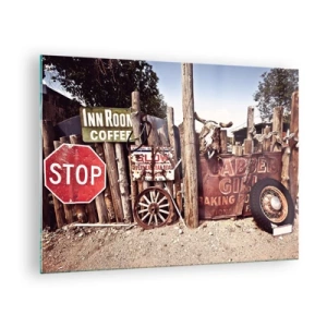 Tablou pe sticlă - Gard din lemn cu semne și roți vintage - 70x50cm - Iar timpul s-a oprit - Decorațiune modernă pentru perete pentru living și dormitor ARTTOR