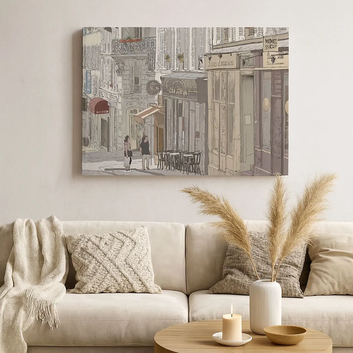 Tablou pe pânză Canvas - Ilustrație a unei străzi de oraș cu cafenele și magazine - 70x50cm - Bucurii urbane - Decorațiune modernă pentru perete pentru living și dormitor ARTTOR