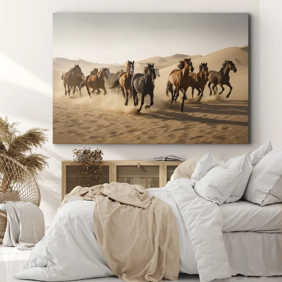 Tablou pe pânză Canvas - Cai galopând pe un fundal deșertic - 70x50cm - Liberi ca vântul - Decorațiune modernă pentru perete pentru living și dormitor ARTTOR