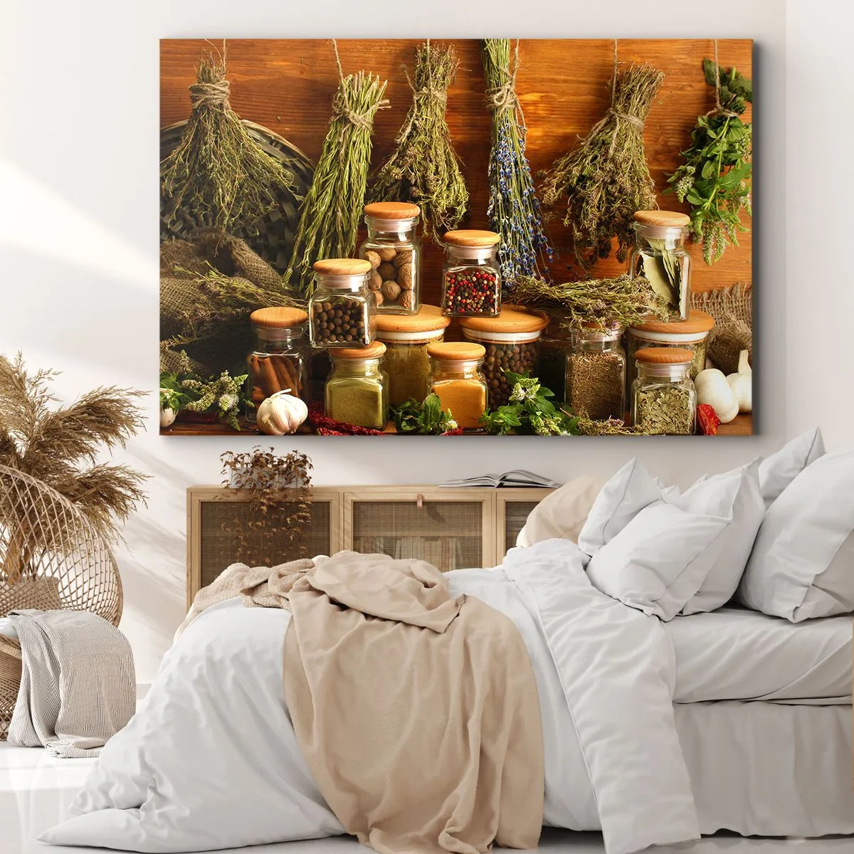 Tablou pe pânză Canvas - Ierburi și condimente în borcane pe un fundal rustic - 70x50cm - Vrăjitorie de bucătărie - Decorațiune modernă pentru perete pentru living și dormitor ARTTOR