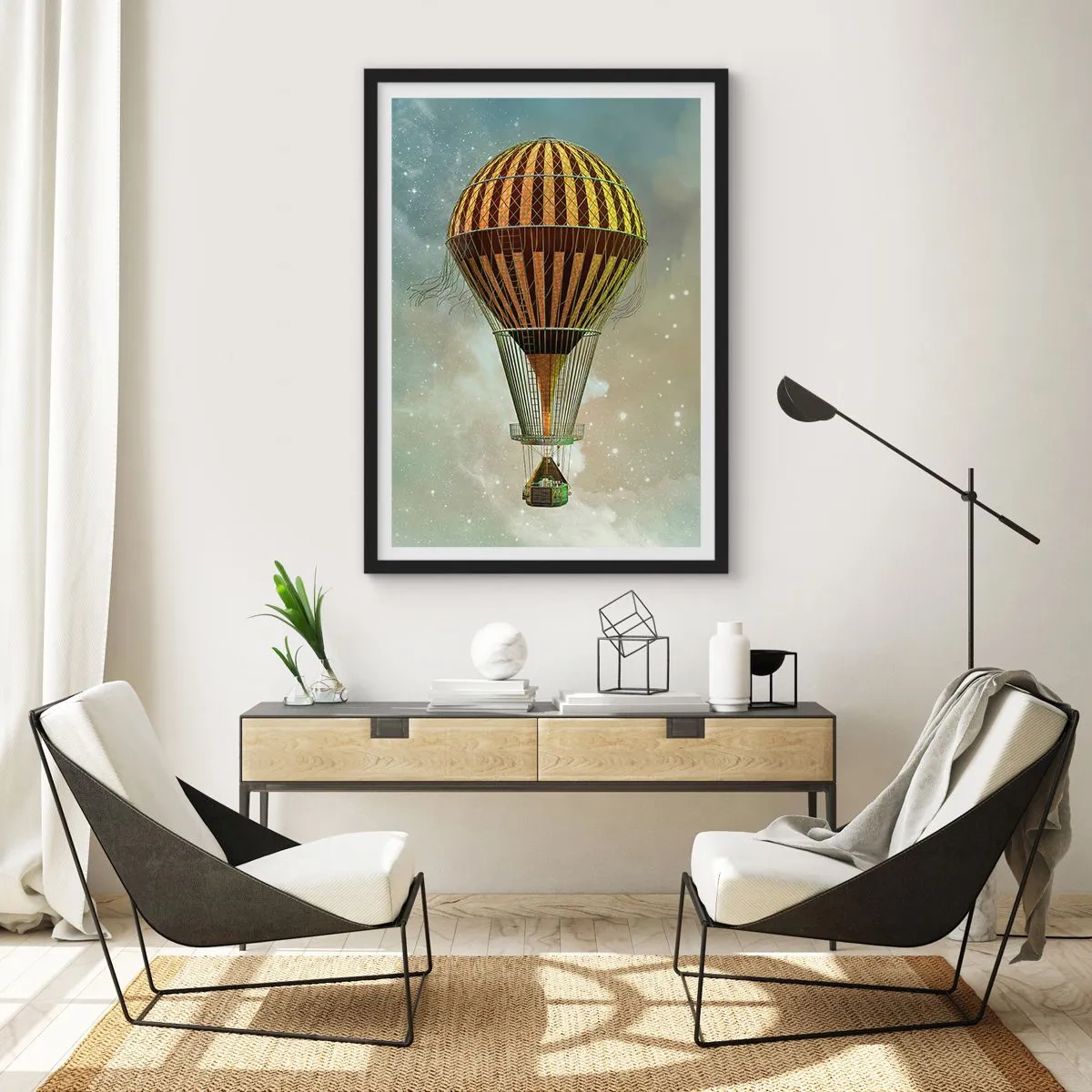 Poster în ramă neagră - Un balon auriu plutind în spațiul cosmic - 50x70cm - Zboruri de pionierat - Decorațiune modernă pentru perete pentru living și dormitor ARTTOR
