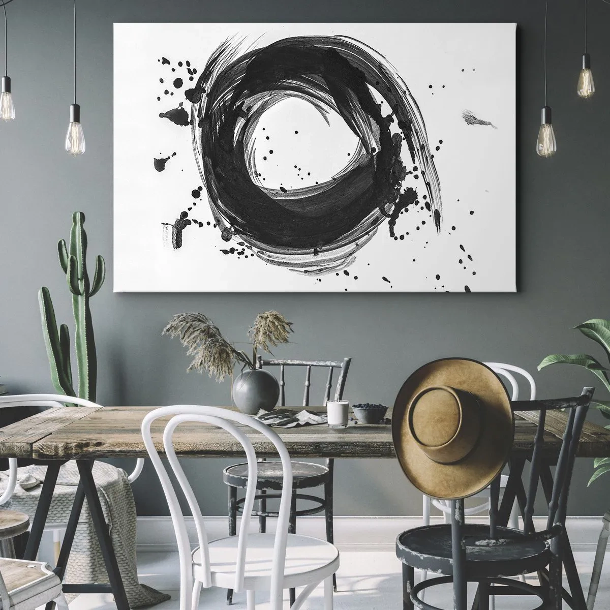 Tablou pe pânză Canvas - Abstracție neagră sub forma unui cerc pe fundal alb - 70x50cm - Vortexul creației - Decorațiune modernă pentru perete pentru living și dormitor ARTTOR