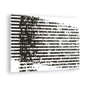 Tablou pe sticlă - Linii orizontale alb-negre cu efecte de zgomot și abraziune - 70x50cm - Ritm și zgomot - Decorațiune modernă pentru perete pentru living și dormitor ARTTOR