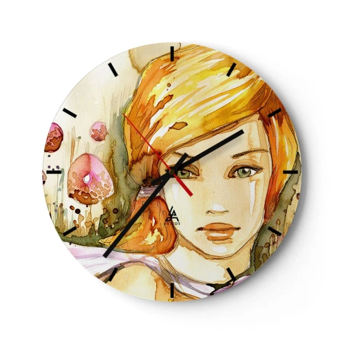 Ceas de perete - Ceas pe sticlă - Portret artistic al unei femei cu păr roșu și ochi de smarald - 30x30cm - Privirea de smarald care reduce la tăcere furia - Decorațiune modernă pentru perete pentru living, bucătărie și dormitor ARTTOR