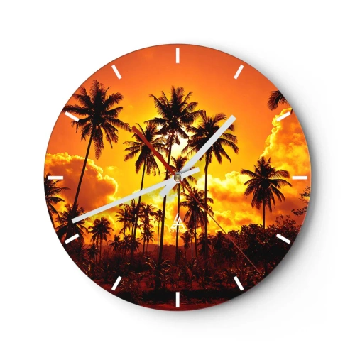 Ceas de perete - Ceas pe sticlă - Palmieri pe fundalul soarelui apus - 30x30cm - Munții ard, pădurile ard - Decorațiune modernă pentru perete pentru living, bucătărie și dormitor ARTTOR