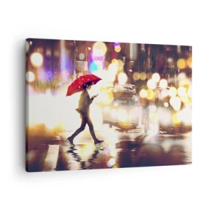 Tablou pe pânză Canvas - O figură cu o umbrelă roșie pe stradă în ploaie - 70x50cm - Și totuși este însorită - Decorațiune modernă pentru perete pentru living și dormitor ARTTOR