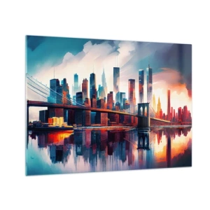 Tablou pe sticlă - Panoramă a orașului cu un pod pe fundalul cerului colorat și reflexie în apă - 70x50cm - New York fenomenal - Decorațiune modernă pentru perete pentru living și dormitor ARTTOR